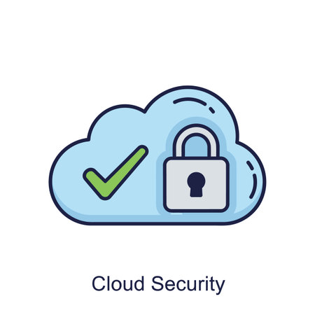 A stylized illustration depicts a light blue cloud with a green checkmark and a gray padlock.  The cloud is outlined in dark blue. The style is simple and flat with bold outlines. The checkmark and padlock are centrally positioned within the cloud shape. The overall color palette is soft and reassuring. The image is clearly an icon representing cloud security.のイラスト素材