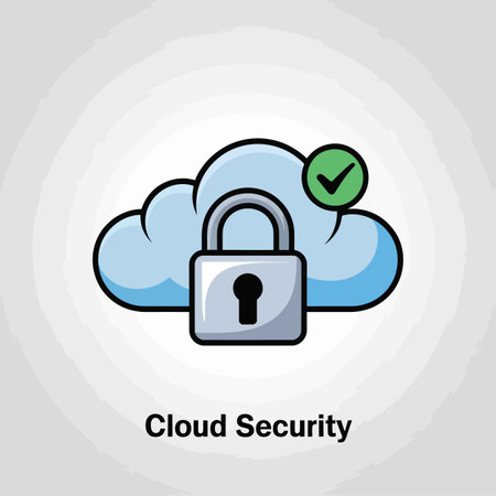 The image shows a cartoon-style illustration of a light blue cloud with a grey padlock in the center. A green checkmark is positioned above the cloud. The style is simple and flat with bold outlines. The background is a light grey with concentric circles. The text "Cloud Security" is displayed below the illustration. The overall mood is one of reassurance and security.のイラスト素材