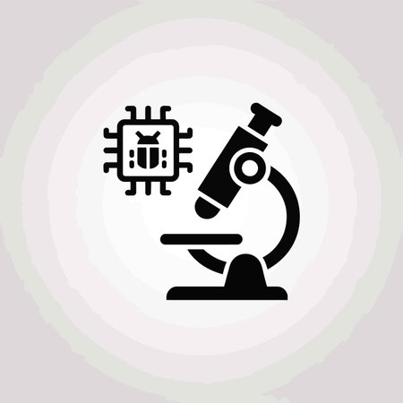 A black and white vector icon depicting a microscope examining a microchip with a bug symbol inside. The style is simple and flat. The image is composed of solid black shapes against a white background. The microscope is positioned to the right, and the microchip is to the left.  The overall mood is technical and informative.のイラスト素材