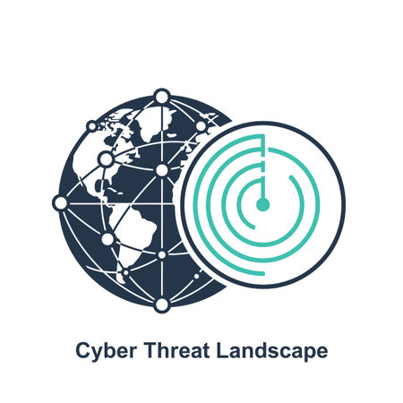 The image is a stylized graphic depicting a dark blue globe overlaid with a network of interconnected nodes.  A teal radar graphic partially overlaps the globe. The style is minimalist and flat, using only two main colors against a white background. The globe represents the global nature of cyber threats, while the radar suggests threat detection and monitoring. The overall mood is serious and informative, suitable for use in presentations or reports related to cybersecurity.のイラスト素材