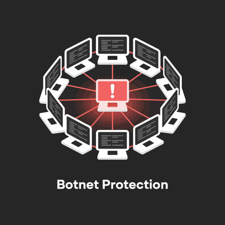 An isometric illustration depicts a network of computers arranged in a circle around a central computer displaying a red exclamation mark. The computers are dark gray with white accents, and the lines connecting them are thin and red. The background is dark gray. The overall style is simple and clean, conveying a sense of urgency and warning.  The image is a visual representation of botnet protection and network security.のイラスト素材