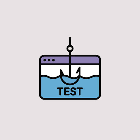 A simple vector illustration depicts a blue website browser window with a fishing hook submerged in the water-like representation within the browser. The word TEST is displayed at the bottom of the browser. The browser has a purple header and black outline. The style is flat and minimalist. The overall mood is cautionary, suggesting a test for phishing or online security.のイラスト素材