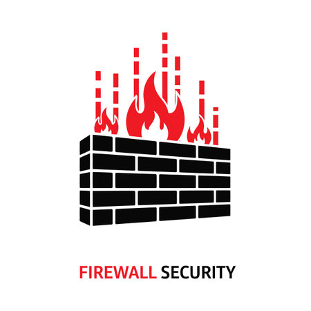 The image depicts a black brick wall representing a firewall with red flames and vertical red lines emerging from the top.  The flames are stylized and simplified, not realistic. The wall is a solid black with clearly defined brick outlines. The red elements contrast sharply against the black wall and white background. The overall style is simple and symbolic, suitable for use in presentations or online content related to cybersecurity.  The text "FIREWALL SECURITY" is displayed below the graphic in red.のイラスト素材