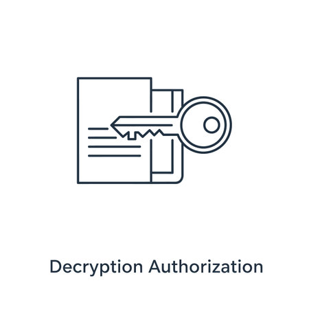 A simple line art icon depicts a key unlocking a data file. The style is minimalist with a dark blue line on a white background. The key is positioned over a rectangular file icon with lines suggesting text inside. The overall impression is one of digital security and access control.  The image is clean and easily understandable, suitable for use in presentations or online content related to data security.のイラスト素材