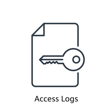 A simple line art icon depicting a key superimposed on a document. The style is minimalist with dark gray lines against a white background. The key is stylized, not photorealistic.  The overall impression is one of digital security and data access control. The words "Access Logs" appear below the icon.のイラスト素材