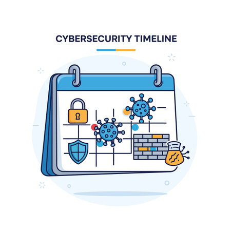 A vector illustration depicts a blue calendar with cybersecurity icons.  The calendar features a padlock, shield, virus icons, a firewall graphic, and a small vial representing malware. The style is clean and simple line art with a flat design.  The color palette is primarily blue, orange, and yellow against a white background. The overall mood is informative and slightly cautionary.のイラスト素材