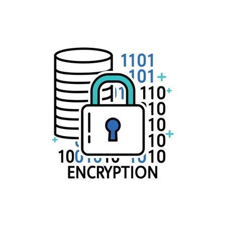A stylized graphic depicts a teal padlock securing a stack of database discs surrounded by blue binary code. The word ENCRYPTION is displayed below. The style is clean and simple, using bold outlines and flat colors. The overall mood is one of technological security and data protection. The image is suitable for illustrating concepts related to cybersecurity, data privacy, and digital security.のイラスト素材