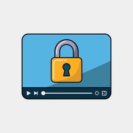 A simple illustration depicts a yellow padlock icon centered on a light blue rectangular video player screen. The video player has a dark blue control bar at the bottom with play, pause, and other standard media controls.  The padlock is outlined in dark gray, and a subtle shadow is cast on the lower right of the screen. The overall style is clean and flat. The color palette is limited to light blue, yellow, dark blue, and gray.のイラスト素材