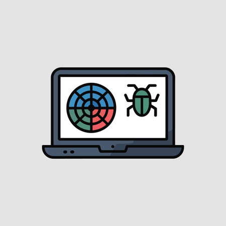 A simple, flat-style illustration depicts a dark grey laptop with a white screen.  The screen displays a stylized green bug icon and a segmented color wheel in blue, red, and green. The icons are outlined in black and have a slightly cartoonish appearance. The overall style is clean and minimalist, with a focus on clear shapes and solid colors. The background is a light grey.のイラスト素材