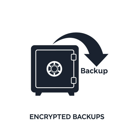 The image shows a dark gray stylized illustration of a safe with an arrow pointing downward towards the word "Backup".  The text "Encrypted Backups" is displayed below the illustration. The style is simple and flat, using only dark gray and white. The safe is depicted as a square with a circular dial and small rectangular handles. The arrow suggests the process of backing up data into the secure safe. The overall mood is one of security and data protection.のイラスト素材