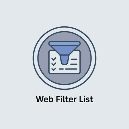 The image shows a stylized icon depicting a blue funnel positioned above a grey checklist within a circular frame. The funnel is light blue with darker blue outlines and sits atop a grey rectangle representing a checklist with checkmarks and lines. The entire icon is enclosed in a larger, darker blue circular frame against a light grey background. The style is simple and flat, with clean lines and solid colors. The overall mood is professional and informative. Below the icon, the text "Web Filter List" is displayed in a sans-serif font.のイラスト素材