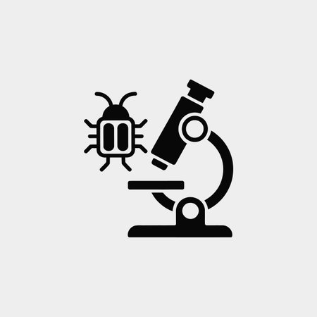 A simple black and white vector icon depicting a microscope with a stylized insect positioned beneath its lens. The image is minimalist, using solid black shapes against a white background. The insect is represented as a stylized bug with segmented body and multiple legs. The microscope is shown in a basic side profile view. The overall style is clean and straightforward, suitable for use in scientific or technological contexts.のイラスト素材