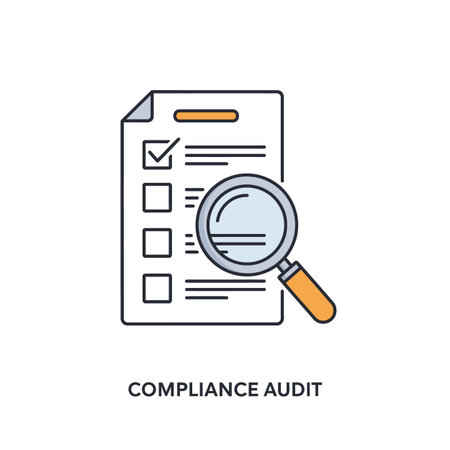 The image shows a stylized line art illustration of a document with a checklist and a magnifying glass positioned next to it. The document is primarily white with gray lines and checkboxes, one of which is checked. The magnifying glass has a gray frame and an orange handle. The style is clean and simple, suitable for use in presentations or reports related to compliance and auditing. The overall color palette is muted, with the orange handle providing a small pop of color. The image conveys a sense of thoroughness and attention to detail.のイラスト素材