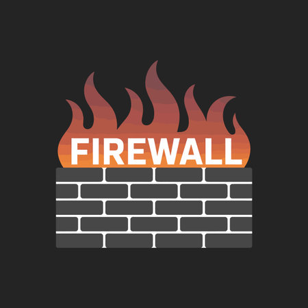 A stylized graphic depicts a gray brick wall with the word FIREWALL in white lettering across the top.  Above the wall, stylized orange and red flames rise. The overall style is simple and flat, with a dark gray background. The color palette is limited to grays, oranges, and white. The image suggests the concept of firewall protection against threats.のイラスト素材