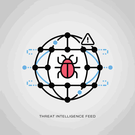 An illustration depicts a red bug at the center of a black interconnected global network.  Light blue lines and dots connect the network nodes. A red and black warning triangle is positioned above the network. The style is flat vector design with bold outlines and solid colors. The overall mood is one of alert and caution regarding global network security threats. The image is clean and easily understandable.のイラスト素材