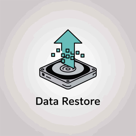 An isometric illustration depicts a gray hard drive with a teal arrow pointing upwards emanating from its center. Small teal squares surround the arrow suggesting data transfer. The background is a light gray gradient. The words Data Restore are displayed below the illustration. The style is simple and clean, using bold outlines and flat colors.のイラスト素材