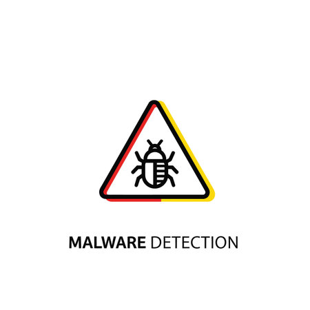 A simple graphic depicts a malware detection warning.  A black line art bug is centered within a red and yellow outlined triangle. The words MALWARE DETECTION appear below the symbol in black sans-serif font. The overall style is minimalist and flat. The background is white.のイラスト素材