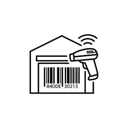 A black and white line art illustration depicts a barcode scanner scanning a barcode on a package inside a warehouse. The style is simple and minimal.のイラスト素材
