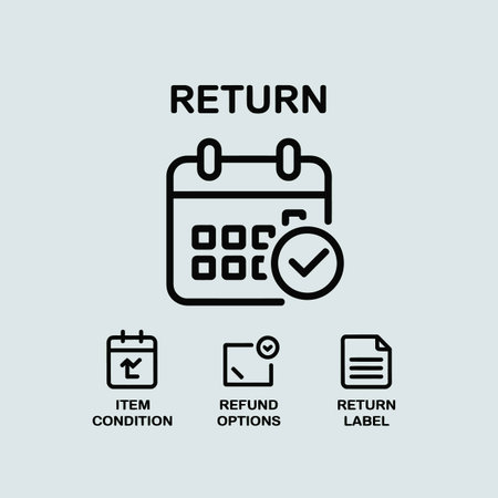 A light blue background features a black line art icon depicting a calendar with a checked box next to it The words RETURN ITEM CONDITION REFUND OPTIONS RETURN LABEL are also presentのイラスト素材