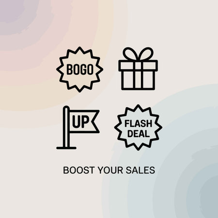 Four simple black line icons against a soft pastel background depict BOGO, a gift box, a price increase flag, and a flash deal badge. The phrase Boost Your Sales is centered below.のイラスト素材
