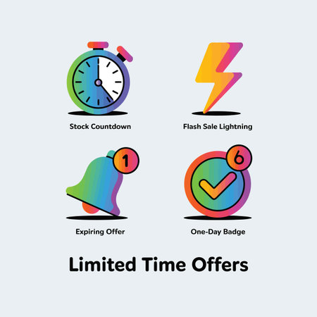 Four vibrant gradient icons depict a stopwatch, lightning bolt, bell, and check mark representing stock countdown, flash sale, expiring offer, and one-day badge respectively The icons are arranged against a light gray background with the text Limited Time Offersのイラスト素材