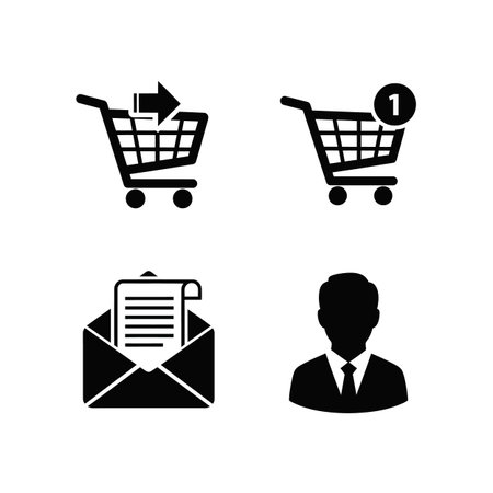 A set of four black glyph icons on a white background includes a shopping cart with an arrow indicating adding to cart, a shopping cart with a notification number one, an email with a document inside, and a businessman icon.のイラスト素材