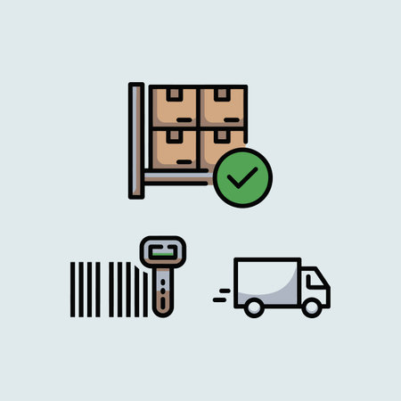 A light blue background features a simple line art icon set depicting checked cardboard boxes on a rack a green check mark a barcode scanner and a delivery truck The style is minimalist and flatのイラスト素材