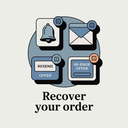 A digital illustration depicts a pastel blue and beige order recovery interface featuring a notification bell email resend offer and re engage offer buttons arranged on rounded square digital elements.のイラスト素材