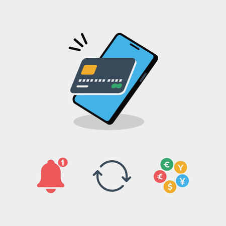 A flat design illustration depicts a blue smartphone with a dark gray credit card appearing to float above it A red notification bell and circular arrows are also shown along with a cluster of currency symbols representing the Euro Yen Dollar and Poundのイラスト素材