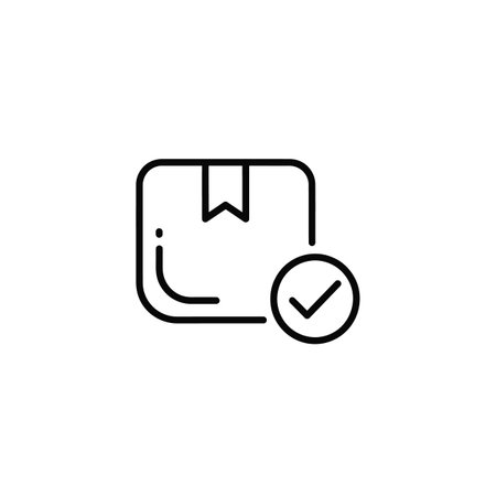 A simple black line art icon shows a rectangular package with a small tab on top and a check mark inside a circle next to it against a white background. The style is minimalist and clean.のイラスト素材