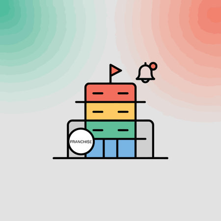 A stylized illustration depicts a multi-story building in shades of red, yellow, green, and blue against a soft teal and coral gradient background.  A small bell icon and a flag are included. The word FRANCHISE is visible in a circle. The style is simple and flat.のイラスト素材