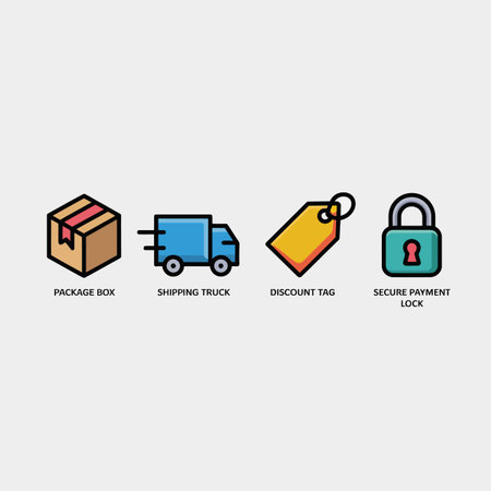 Four simple line icons against a light gray background Each icon is brightly colored and features a package box a shipping truck a discount tag and a secure payment lock The style is clean and minimalのイラスト素材