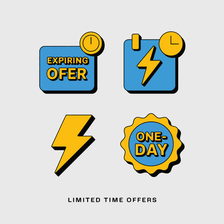 Four flat design icons depict limited time offers: an expiring offer box, a calendar with a lightning bolt, a single lightning bolt, and a one-day sale badge.  The color scheme is primarily blue and yellow.  The style is simple and clean.のイラスト素材