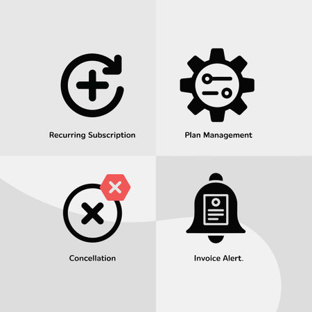 Four simple black glyph icons against a light gray background depict recurring subscription plan management cancellation and invoice alert Each icon is clearly labeled belowのイラスト素材