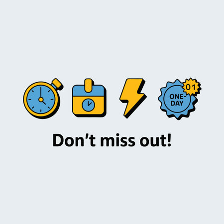 Four flat design icons stopwatch calendar lightning bolt and a one day only badge in blue and yellow on a light gray background with the text Dont miss outのイラスト素材