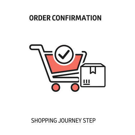 A coral colored shopping cart icon with a green check mark inside a circle above it and a beige package box to the right The background is white.  The style is simple line art.のイラスト素材