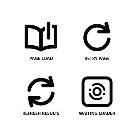 Four bold black linear icons against a white background depict page load retry page refresh results and waiting loader Each icon is clearly labeled below providing context for their function in a digital interfaceのイラスト素材