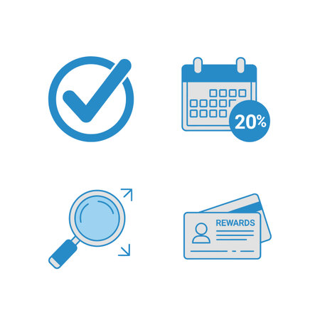 Four blue icons on a white background: a check mark, a calendar with 20% off, a magnifying glass, and a rewards card.  Simple line art style.のイラスト素材