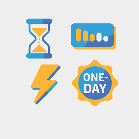 A digital illustration featuring four flat design icons: an hourglass, a lightning bolt, a bar graph, and a One-Day badge.  The color scheme uses shades of yellow and blue.  The style is simple and clean.のイラスト素材