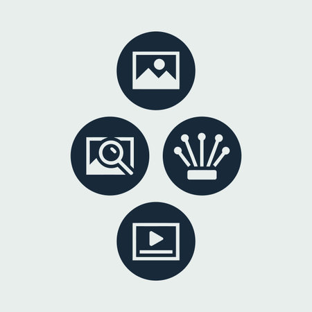 Four dark blue circular icons are arranged on a light gray background Each icon contains a white symbol representing image search video playback and fiber optics respectively The style is simple and minimalistのイラスト素材