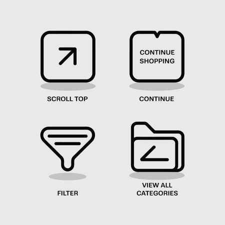 Four simple black line icons are displayed against a light gray background Each icon has a short descriptive label beneath it The icons depict scroll top continue shopping filter and view all categoriesのイラスト素材