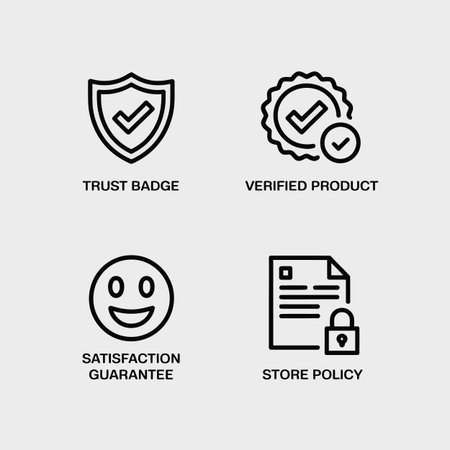 Four simple black line icons against a light gray background depict a trust badge, verified product seal, satisfaction guarantee smiley face, and a store policy document with padlock.のイラスト素材