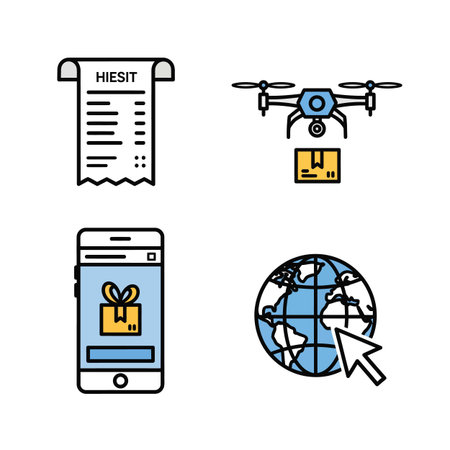 Four simple line icons illustrate an online order process: a receipt showing HIESIT a drone delivering a package a smartphone displaying a gift box and a globe with a cursor indicating global shipping.  The color scheme is primarily blue yellow and black.のイラスト素材