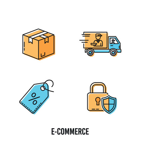 Four line art icons depict key aspects of e commerce a cardboard box delivery truck discount tag and a padlock with shield symbolizing secure transactions The style is simple flat with bold outlines and pastel colorsのイラスト素材