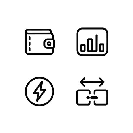 Four black line icons are displayed against a white background The icons depict a wallet a bar graph a lightning bolt and a resize symbol The style is simple and minimalist with clean lines and a consistent thicknessのイラスト素材