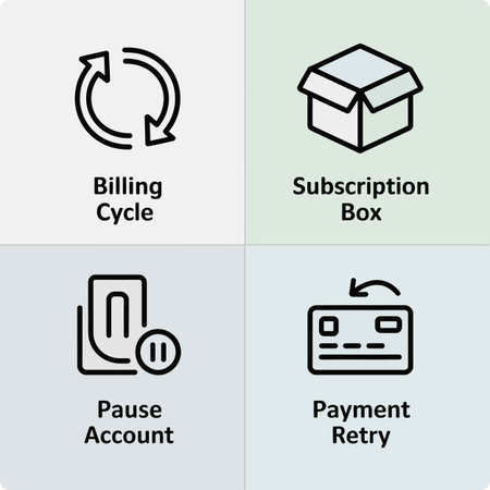 Four black line icons are displayed on a grid of light gray and light green squares Each icon represents a different action billing cycle subscription box pause account and payment retry The style is minimalist and cleanのイラスト素材