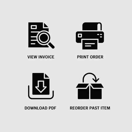 Four simple black glyph icons against a light gray background depict actions related to viewing invoices, printing orders, downloading PDFs, and reordering past items.  Each icon is clearly labeled.のイラスト素材