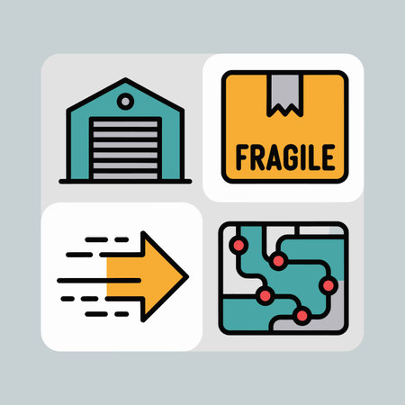 A square image displays four distinct icons: a teal warehouse building a yellow fragile box a yellow arrow indicating fast movement and a teal map illustrating a delivery route Red dots highlight key points on the route The style is flat and colorfulのイラスト素材