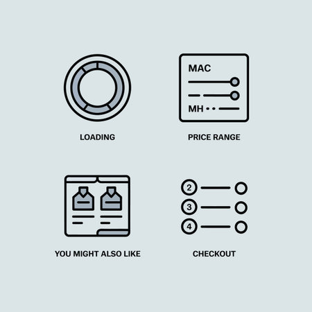 Four simple line icons are displayed against a light gray background The icons represent loading price range product listing and checkout stages The color palette is limited to light gray and black creating a minimalist aestheticのイラスト素材