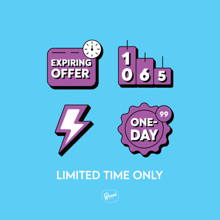 Four purple icons with white text on a light blue background depict a countdown timer expiring offer one day sale and a lightning bolt symbolizing urgency.  The style is flat and minimalist.のイラスト素材